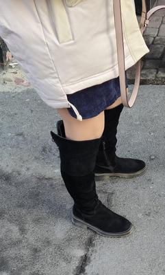 Sister's friend in suede boots and nude tights